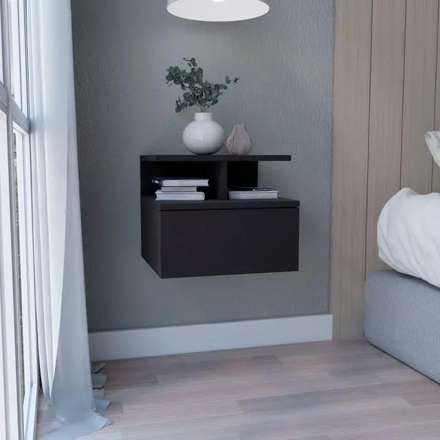 Main image of Floating Nightstand 12"H, Wall Mounted with Single Drawer and 2-Tier Shelf, Black