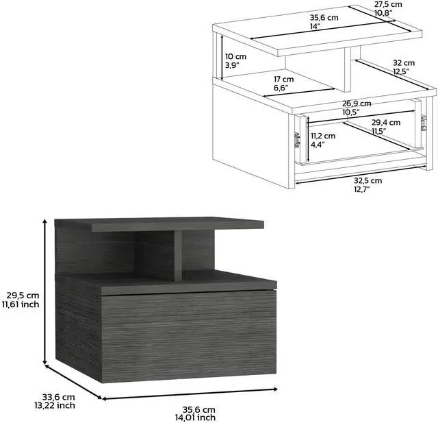 Alt view image 7 of 7 - Floating Nightstand 12"H, Wall Mounted with Single Drawer and 2-Tier Shelf, Smokey Oak