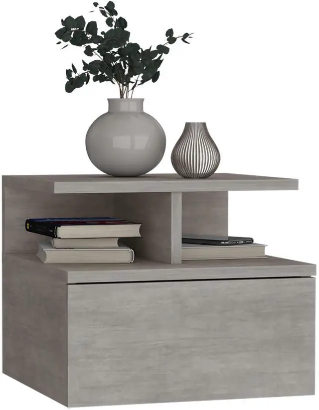 Alt view image 5 of 7 - Floating Nightstand 12"H, Wall Mounted with Single Drawer and 2-Tier Shelf, Concrete Gray