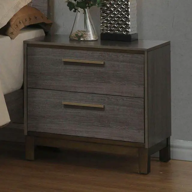Alt view image 6 of 7 - Contemporary 1pc Nightstand Two Tone Antique Gray Bedroom Furniture Nightstand Center Metal Glides Brass Bar Pulls