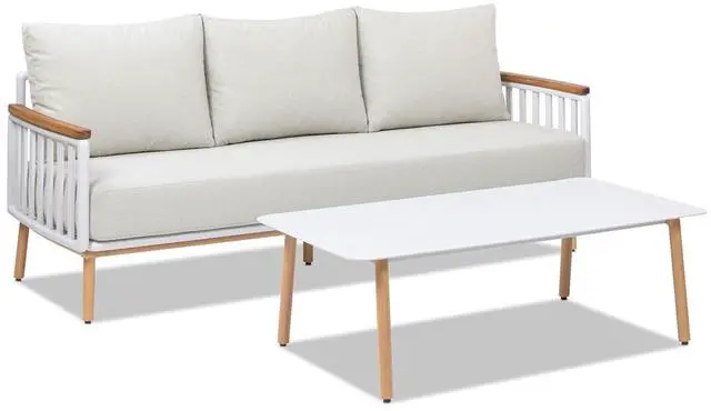 Alt view image 5 of 7 - Calarono 2pc Teak & Aluminium Outdoor Sofa and Coffee Table Patio Set Sand Dune Chenille