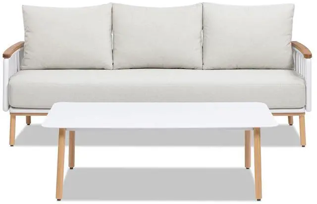 Alt view image 4 of 7 - Calarono 2pc Teak & Aluminium Outdoor Sofa and Coffee Table Patio Set Sand Dune Chenille