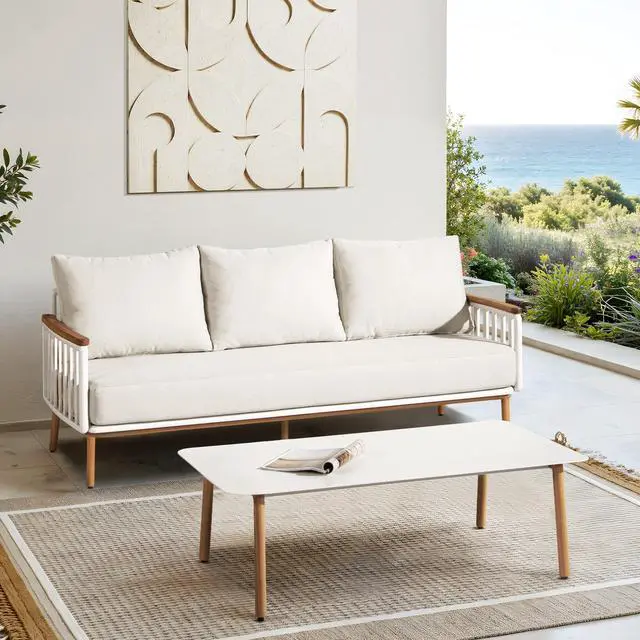 Main image of Calarono 2pc Teak & Aluminium Outdoor Sofa and Coffee Table Patio Set Sand Dune Chenille