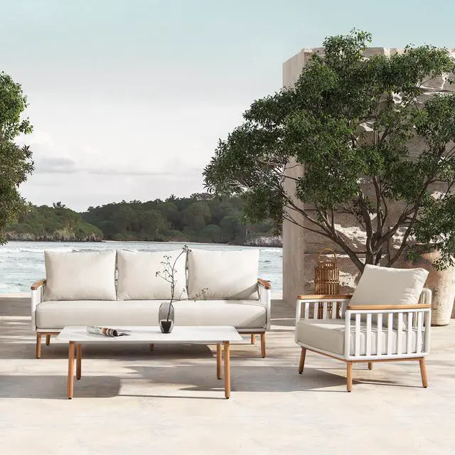 Alt view image 2 of 7 - Calarono 2pc Teak & Aluminium Outdoor Sofa and Coffee Table Patio Set Sand Dune Chenille