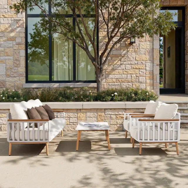 Alt view image 3 of 7 - Calarono 2pc Teak & Aluminium Outdoor Sofa and Coffee Table Patio Set Sand Dune Chenille