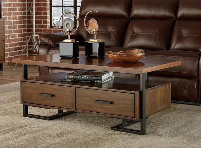 Alt view image 4 of 6 - Contemporary Design Unique Frame 1pc Coffee Table with Drawers Walnut Finish Wood and Rustic Black Metal Finish Living Room Furniture