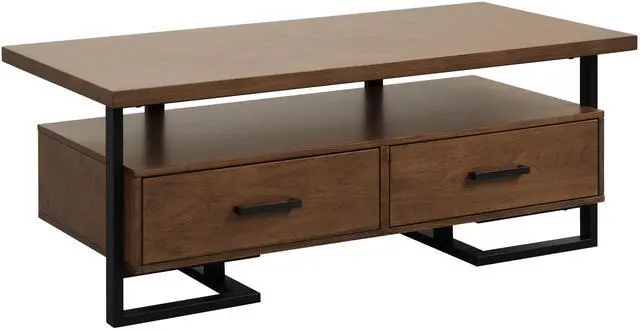 Alt view image 2 of 6 - Contemporary Design Unique Frame 1pc Coffee Table with Drawers Walnut Finish Wood and Rustic Black Metal Finish Living Room Furniture