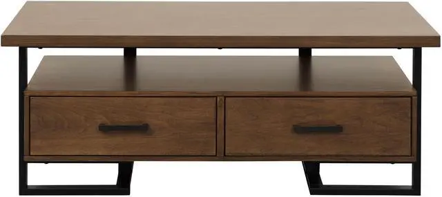 Main image of Contemporary Design Unique Frame 1pc Coffee Table with Drawers Walnut Finish Wood and Rustic Black Metal Finish Living Room Furniture