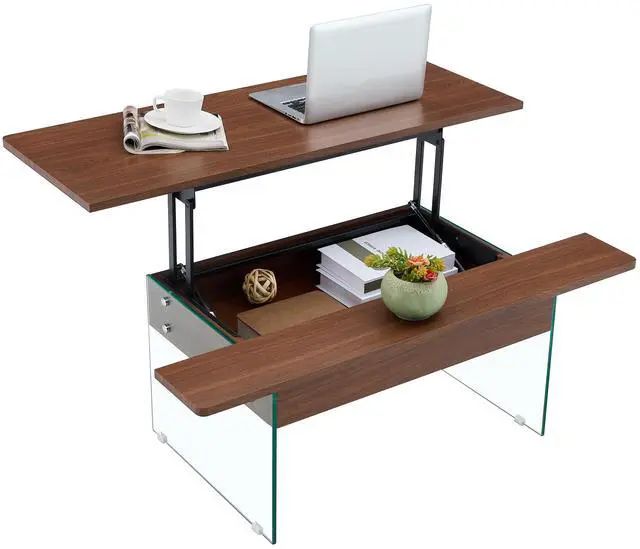 Main image of 43.3-inch coffee table with lifting function (with storage space) - Combining walnut wood grain with tempered glass (capable of supporting 300 pounds)  Space-saving design, multiple color options