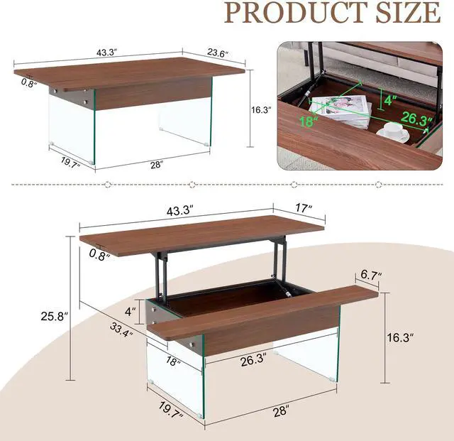 Alt view image 5 of 7 - 43.3-inch coffee table with lifting function (with storage space) - Combining walnut wood grain with tempered glass (capable of supporting 300 pounds)  Space-saving design, multiple color options