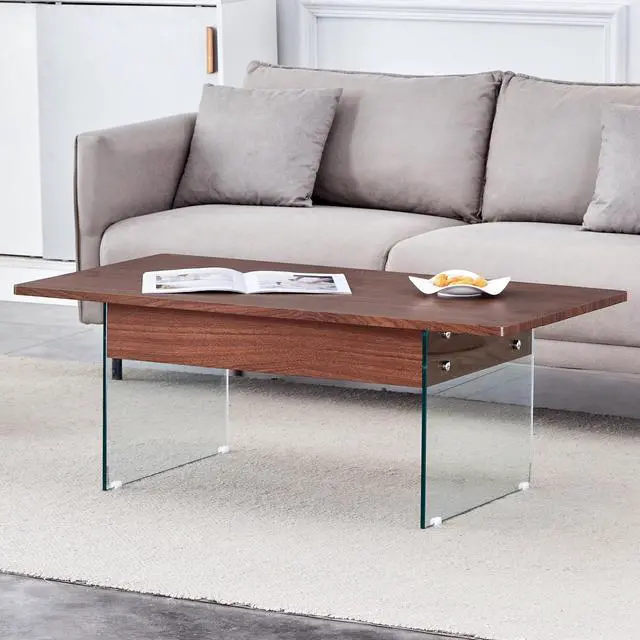 Alt view image 4 of 7 - 43.3-inch coffee table with lifting function (with storage space) - Combining walnut wood grain with tempered glass (capable of supporting 300 pounds)  Space-saving design, multiple color options