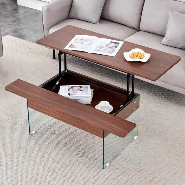 Alt view image 2 of 7 - 43.3-inch coffee table with lifting function (with storage space) - Combining walnut wood grain with tempered glass (capable of supporting 300 pounds)  Space-saving design, multiple color options