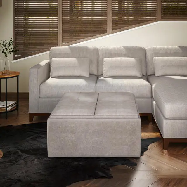 Alt view image 7 of 7 - Avalon - Square Coffee Table Storage Ottoman - Distressed Grey Taupe
