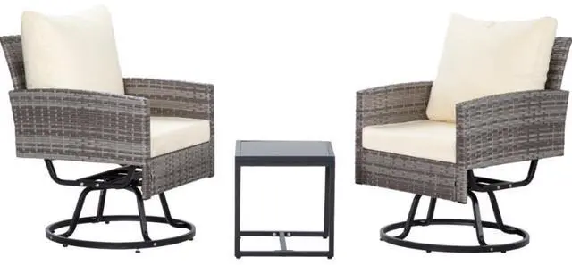 Main image of 3-Piece Wicker Patio Furniture Set Rattan Swivel Chairs with Coffee Table, Outdoor Seating for Porch, Balcony, Garden (Grey Wicker/Beige Cushions)