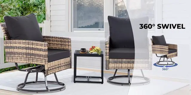 Alt view image 2 of 7 - 3-Piece Wicker Patio Furniture Set Rattan Swivel Chairs with Coffee Table, Outdoor Seating for Porch, Balcony, Garden (Browm Wicker/Black  Cushions)