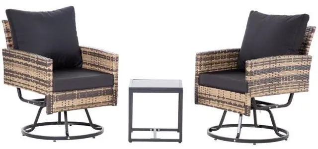 Main image of 3-Piece Wicker Patio Furniture Set Rattan Swivel Chairs with Coffee Table, Outdoor Seating for Porch, Balcony, Garden (Browm Wicker/Black  Cushions)