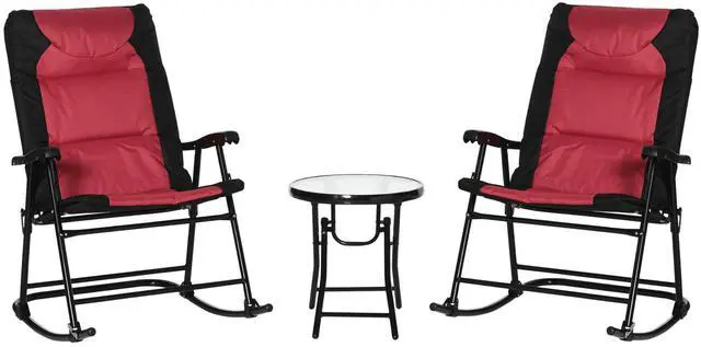 Main image of 3 Piece Outdoor Patio Furniture Set with Glass Coffee Table & 2 Folding Padded Rocking Chairs, Bistro Style for Porch, Camping, Balcony, Red