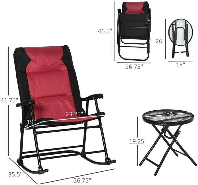 Alt view image 6 of 6 - 3 Piece Outdoor Patio Furniture Set with Glass Coffee Table & 2 Folding Padded Rocking Chairs, Bistro Style for Porch, Camping, Balcony, Red