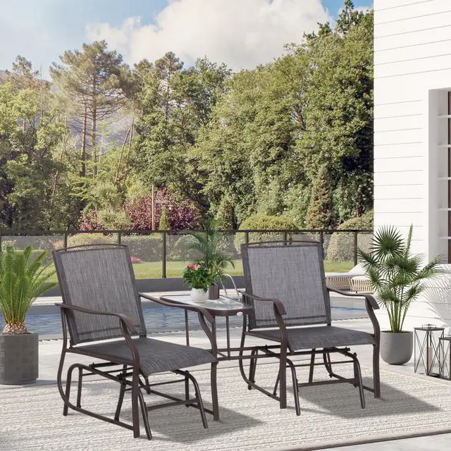 Alt view image 2 of 5 - Outsunny Outdoor Glider Chairs with Coffee Table, Patio 2-Seat Rocking Chair Swing Loveseat with Breathable Sling for Backyard, Garden and Porch, Grey