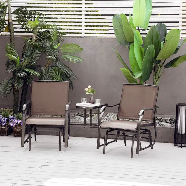 Alt view image 2 of 5 - Outsunny Outdoor Glider Chairs with Coffee Table, Patio 2-Seat Rocking Chair Swing Loveseat with Breathable Sling for Backyard, Garden, and Porch, Coffee Brown