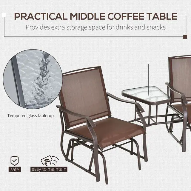 Alt view image 4 of 5 - Outsunny Outdoor Glider Chairs with Coffee Table, Patio 2-Seat Rocking Chair Swing Loveseat with Breathable Sling for Backyard, Garden, and Porch, Coffee Brown