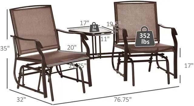 Alt view image 5 of 5 - Outsunny Outdoor Glider Chairs with Coffee Table, Patio 2-Seat Rocking Chair Swing Loveseat with Breathable Sling for Backyard, Garden, and Porch, Coffee Brown