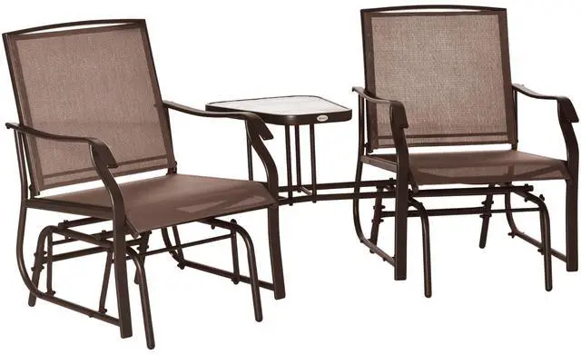 Main image of Outsunny Outdoor Glider Chairs with Coffee Table, Patio 2-Seat Rocking Chair Swing Loveseat with Breathable Sling for Backyard, Garden, and Porch, Coffee Brown