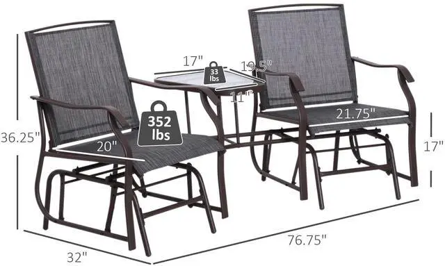 Alt view image 5 of 5 - Outsunny Outdoor Glider Chairs with Coffee Table, Patio 2-Seat Rocking Chair Swing Loveseat with Breathable Sling for Backyard, Garden and Porch, Grey