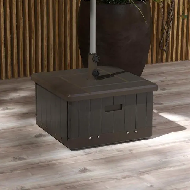 Alt view image 2 of 7 - Outsunny 3-in-1 Outdoor Umbrella Base, Coffee End Table, Flower Box Planter with Drain Hole, 175 lbs. Capacity Fillable Patio Umbrella Stand Table with Wheels and Handles, Brown