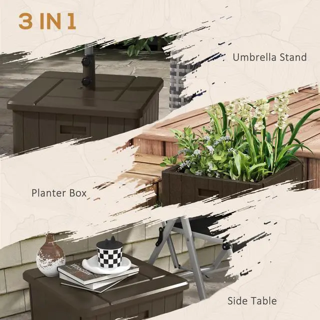 Alt view image 4 of 7 - Outsunny 3-in-1 Outdoor Umbrella Base, Coffee End Table, Flower Box Planter with Drain Hole, 175 lbs. Capacity Fillable Patio Umbrella Stand Table with Wheels and Handles, Brown