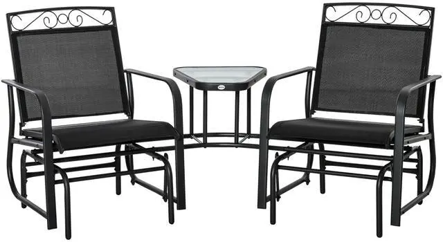 Main image of Outsunny Outdoor Glider Chairs with Coffee Table, Patio 2-Seat Rocking Chair Swing with Breathable Sling for Backyard, Garden and Porch, Black