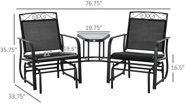 Alt view image 3 of 7 - Outsunny Outdoor Glider Chairs with Coffee Table, Patio 2-Seat Rocking Chair Swing with Breathable Sling for Backyard, Garden and Porch, Black