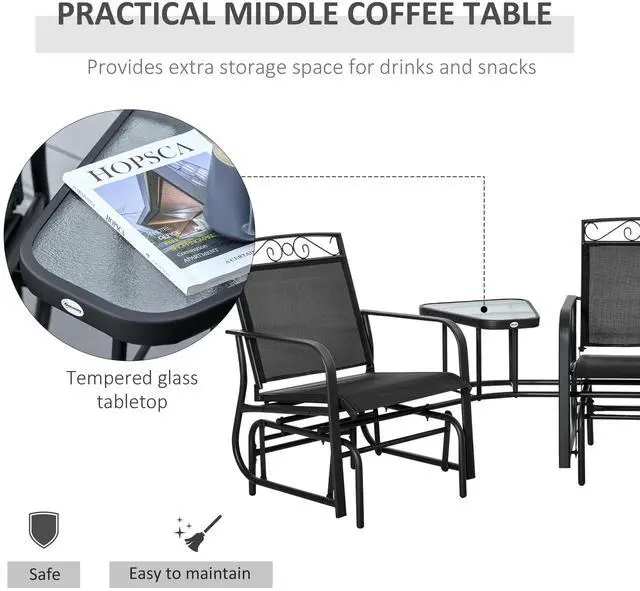 Alt view image 4 of 7 - Outsunny Outdoor Glider Chairs with Coffee Table, Patio 2-Seat Rocking Chair Swing with Breathable Sling for Backyard, Garden and Porch, Black