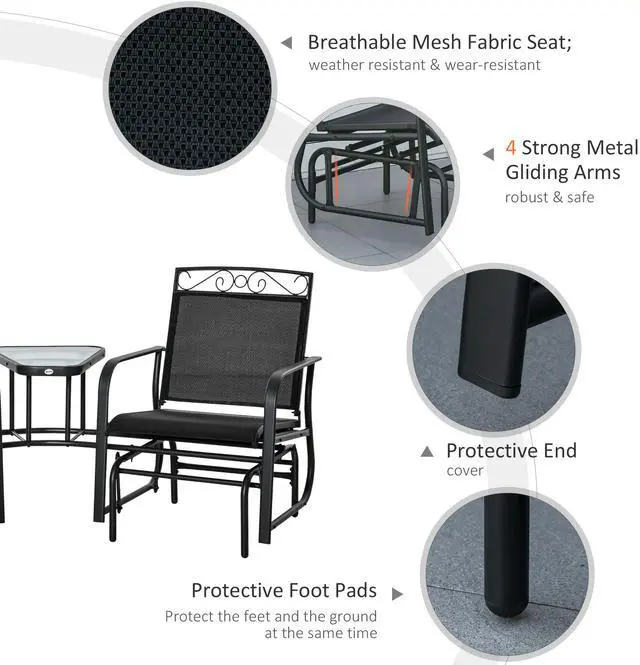 Alt view image 5 of 7 - Outsunny Outdoor Glider Chairs with Coffee Table, Patio 2-Seat Rocking Chair Swing with Breathable Sling for Backyard, Garden and Porch, Black