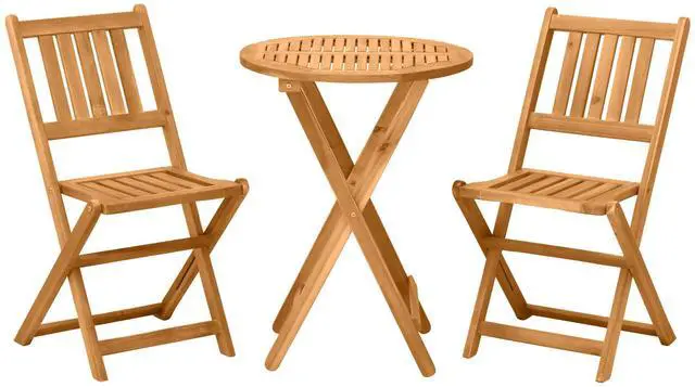 Main image of Outsunny 3-Piece Acacia Wood Bistro Set, Folding Patio Furniture with 2 Folding Chairs and Round Coffee Table, Teak, Slatted Finish, for Backyard, Balcony, Deck, Natural