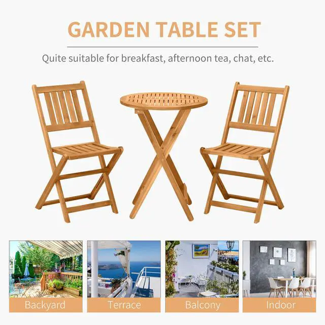 Alt view image 4 of 7 - Outsunny 3-Piece Acacia Wood Bistro Set, Folding Patio Furniture with 2 Folding Chairs and Round Coffee Table, Teak, Slatted Finish, for Backyard, Balcony, Deck, Natural