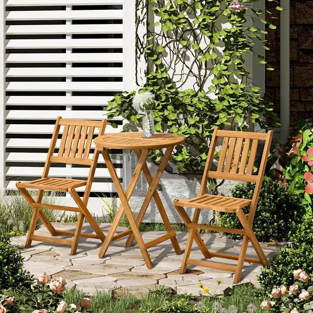 Alt view image 2 of 7 - Outsunny 3-Piece Acacia Wood Bistro Set, Folding Patio Furniture with 2 Folding Chairs and Round Coffee Table, Teak, Slatted Finish, for Backyard, Balcony, Deck, Natural