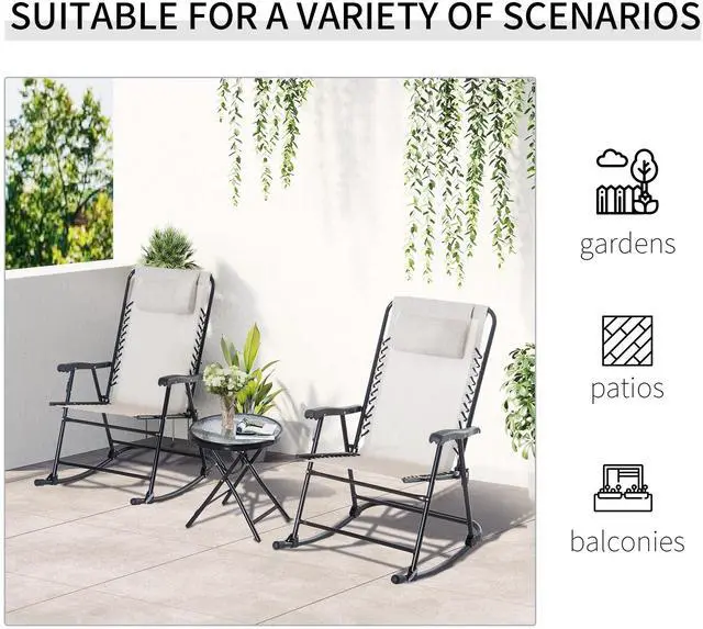 Alt view image 4 of 7 - Outsunny 3 Piece Outdoor Rocking Chair Set, Patio Folding Lawn Rocker Set with Glass Coffee Table, Headrests for Yard, Patio, Deck, Backyard, Cream White