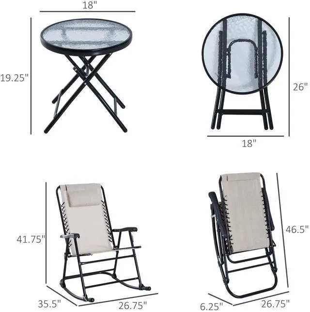 Alt view image 7 of 7 - Outsunny 3 Piece Outdoor Rocking Chair Set, Patio Folding Lawn Rocker Set with Glass Coffee Table, Headrests for Yard, Patio, Deck, Backyard, Cream White