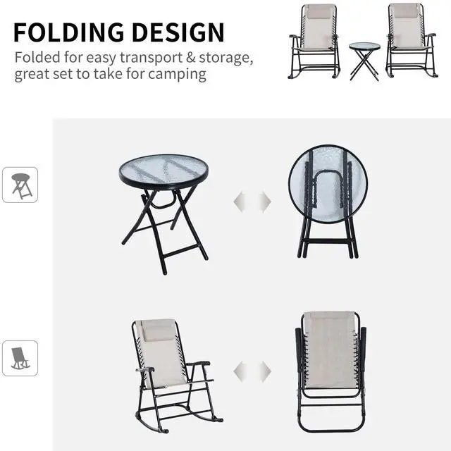 Alt view image 6 of 7 - Outsunny 3 Piece Outdoor Rocking Chair Set, Patio Folding Lawn Rocker Set with Glass Coffee Table, Headrests for Yard, Patio, Deck, Backyard, Cream White