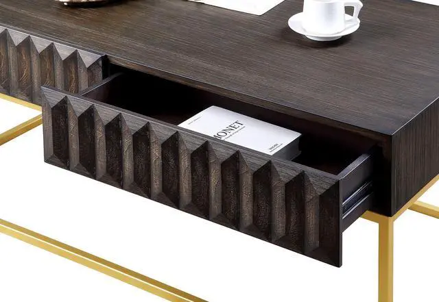Alt view image 3 of 7 - Contemporary Style End Table Metal Structure Conceal Drawers Gold Steel legs Walnut And Gold Finish Ball Bearing Glides Texture Panel Coffee Table-Not Included