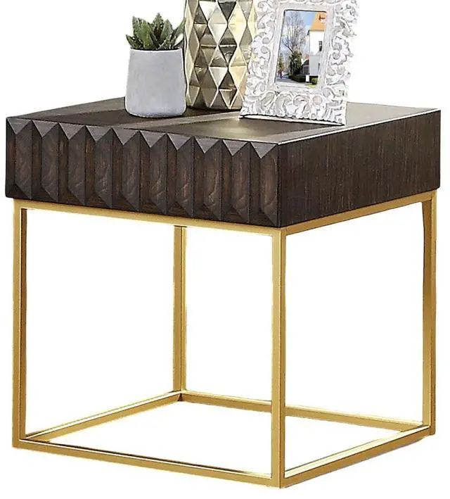 Alt view image 2 of 7 - Contemporary Style End Table Metal Structure Conceal Drawers Gold Steel legs Walnut And Gold Finish Ball Bearing Glides Texture Panel Coffee Table-Not Included