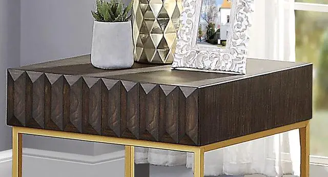 Alt view image 5 of 7 - Contemporary Style End Table Metal Structure Conceal Drawers Gold Steel legs Walnut And Gold Finish Ball Bearing Glides Texture Panel Coffee Table-Not Included