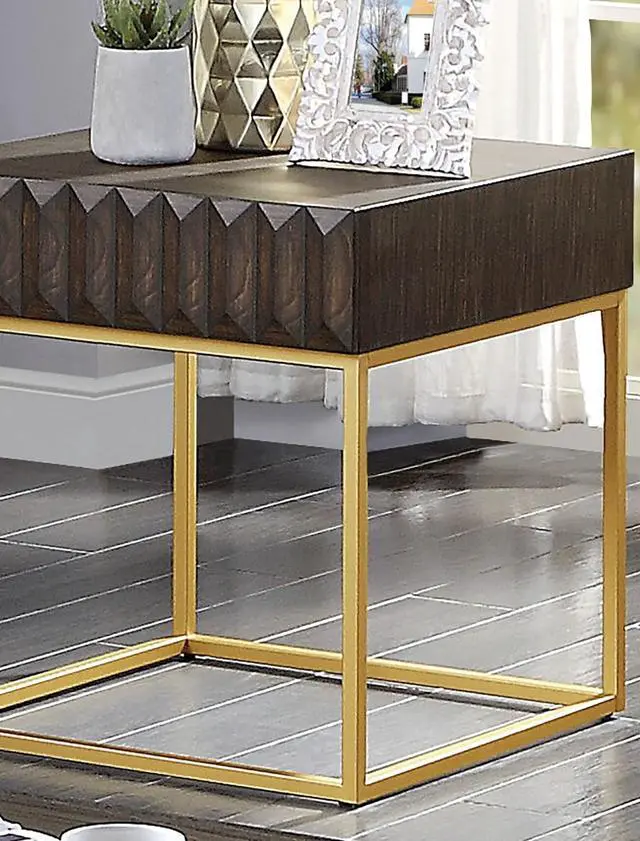 Alt view image 6 of 7 - Contemporary Style End Table Metal Structure Conceal Drawers Gold Steel legs Walnut And Gold Finish Ball Bearing Glides Texture Panel Coffee Table-Not Included