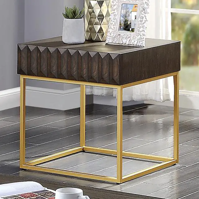 Main image of Contemporary Style End Table Metal Structure Conceal Drawers Gold Steel legs Walnut And Gold Finish Ball Bearing Glides Texture Panel Coffee Table-Not Included