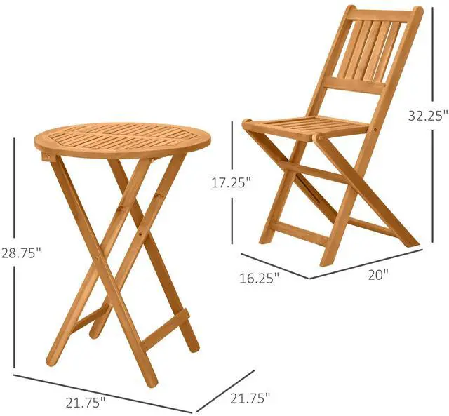 Alt view image 3 of 7 - Outsunny 3-Piece Acacia Wood Bistro Set, Folding Patio Furniture with 2 Folding Chairs and Round Coffee Table, Teak, Slatted Finish, for Backyard, Balcony, Deck, Natural