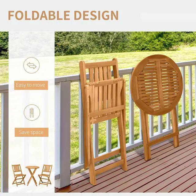 Alt view image 5 of 7 - Outsunny 3-Piece Acacia Wood Bistro Set, Folding Patio Furniture with 2 Folding Chairs and Round Coffee Table, Teak, Slatted Finish, for Backyard, Balcony, Deck, Natural
