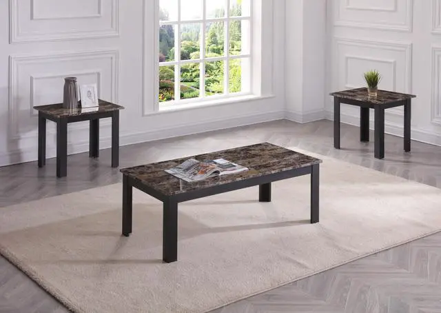 Main image of 3pc Set Traditional Style Rectangular Coffee Table Square Shape End Table Wooden Legs Faux Marble Top Wooden Furniture Brown Finish