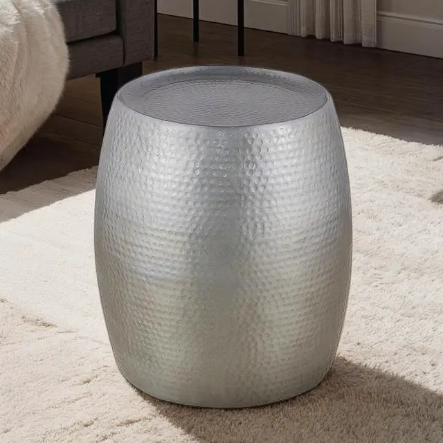 Main image of ET501 Modern Contemporary Aluminum material 21" Height End Table, Side Table with Glossy Hand Hammered Design Antique Silver      same asG150108436  (NJ inventory)