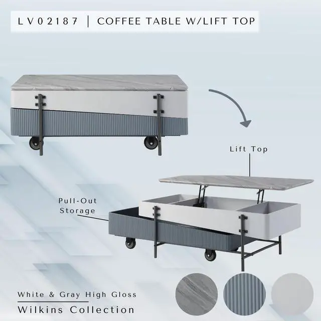 Alt view image 3 of 7 - Wilkins Gray & White High Gloss Finish Coffee Table W/Lift Top